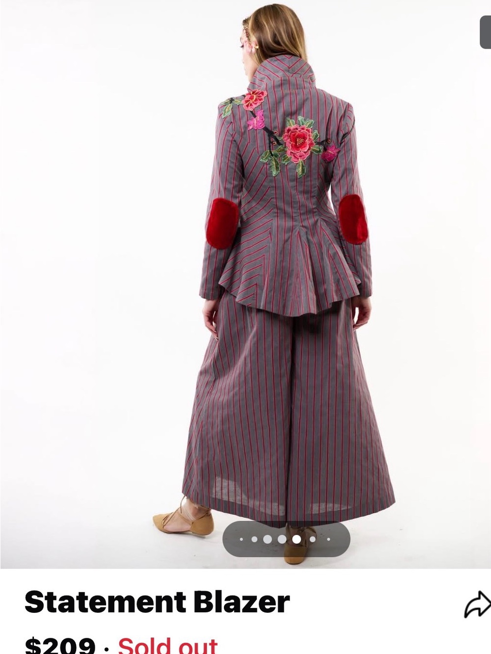 Striped Peplum Blazer with Floral Embroidery and Red Elbow Patches